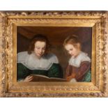 18th century school, a portrait study of two young children reading a book, oil on canvas, 45 cm x