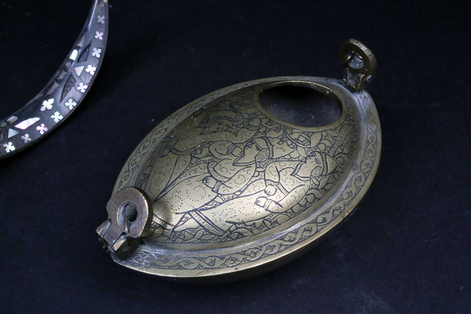 An Indian brass boat shape hanging lantern, late 19th century, engraved throughout with figures, - Image 4 of 6