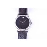 A Movado stainless steel wristwatch, the black minimalist dial with silvered roundel at 12 o'