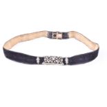 A Belle Epoque diamond and seed pearl choker on velvet ribbon, the central shaped rectangular