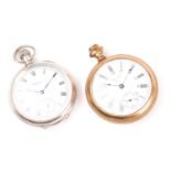 A Waltham silver open face pocket watch, the white enamel dial with black Roman numerals, the