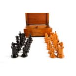 A Jacques, London Staunton chess set, with turned boxwood and ebony pieces, two rooks and two