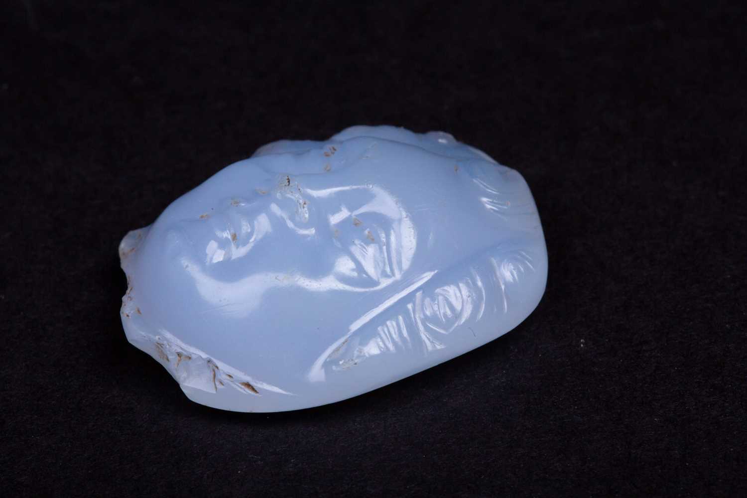 A Persian carved chalcedony cameo, the male face with curly hair, the stone a milky blue colour, 3. - Image 2 of 9