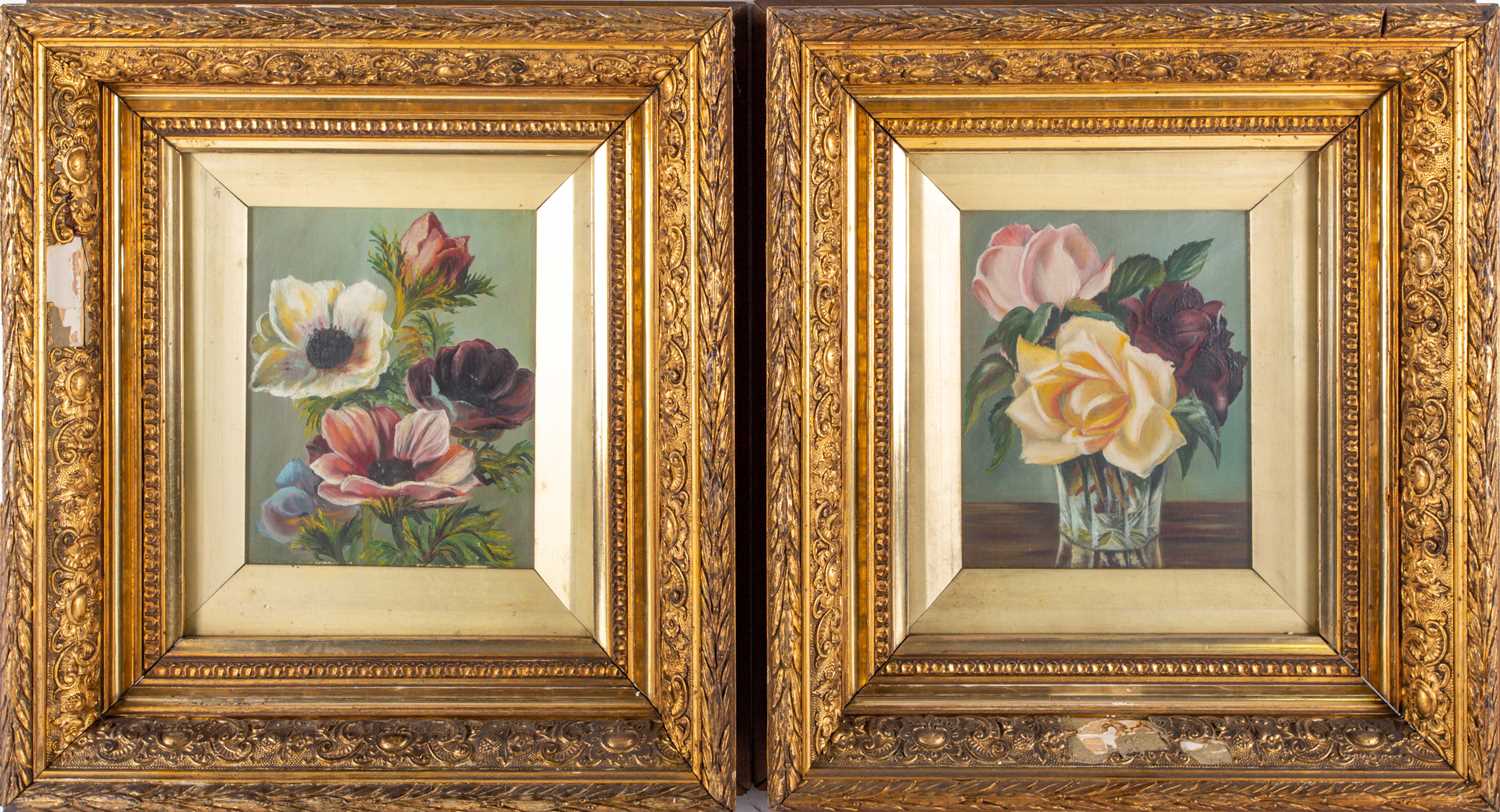 19th English school, a pair of floral studies, oil on canvas, unsigned, mounted in gilt moulded