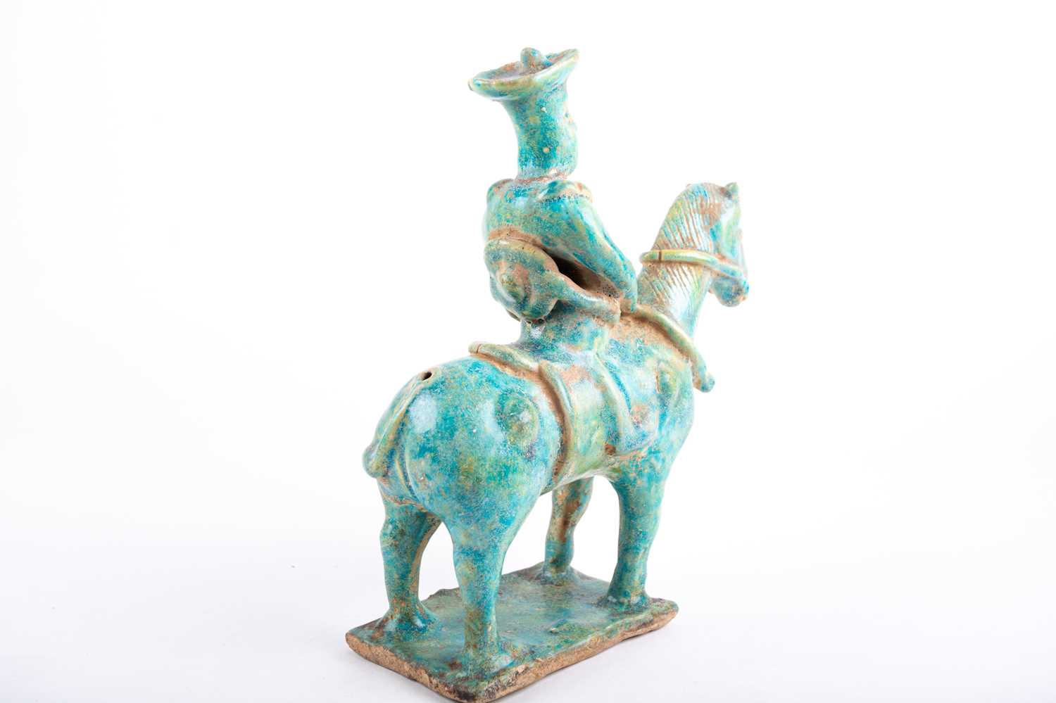 A Persian Kashan pottery equestrian figure, 13th century or later, the seated figure wearing a hat - Image 3 of 4