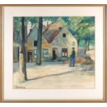 20th century Continental school, a figure before buildings, watercolour, indistinctly signed, 36
