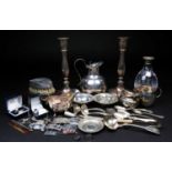 A mixed group of silver and white metal items, to inlcude flatware, cream jugs, a sauce boat,