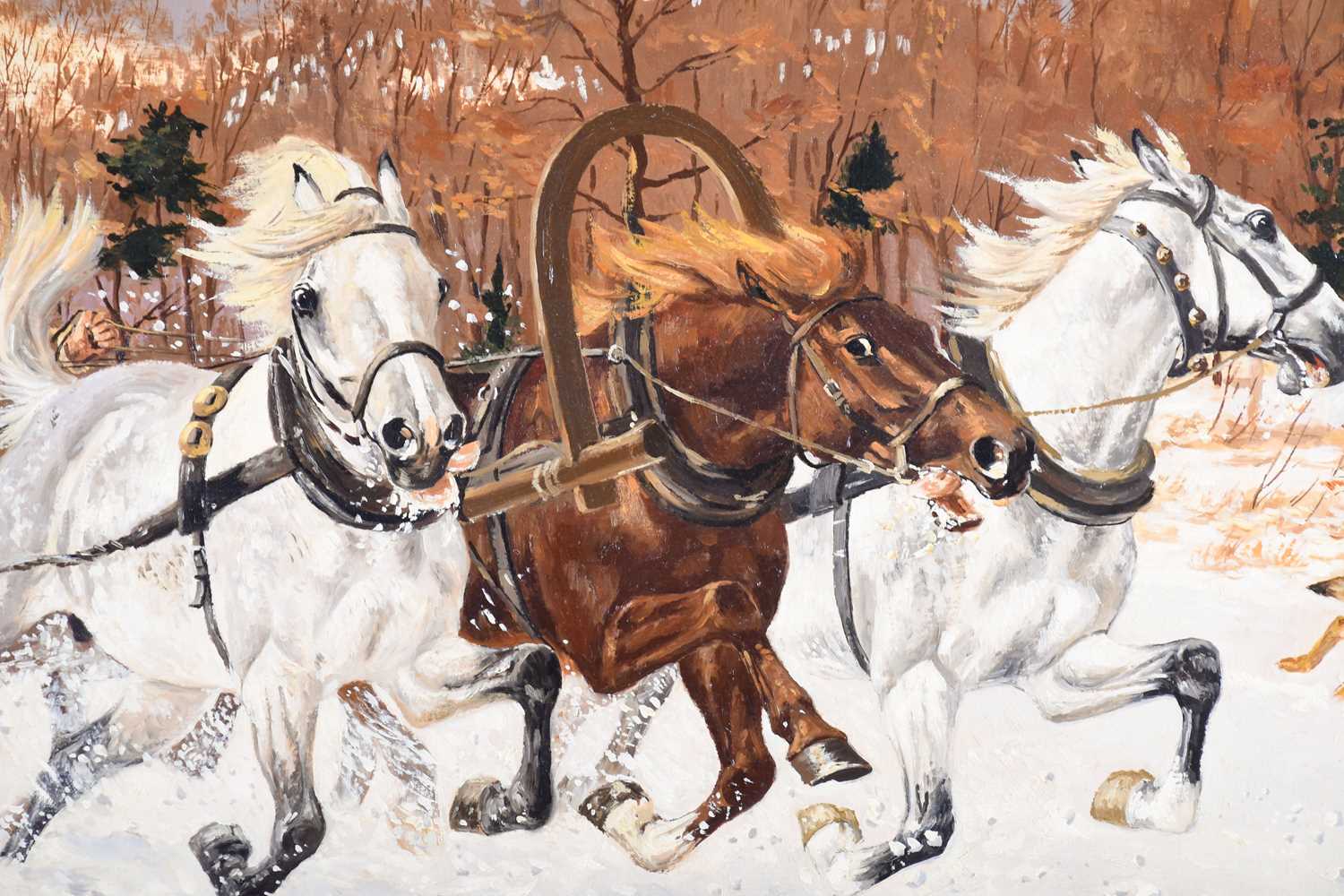 Wojciech Wolwowicz (b. 1950) Polish, hunters on a horse-drawn sledge, pursuing wolves, oil on - Image 4 of 7