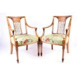 A pair Sheraton Revival inlaid satinwood armchairs, circa 1900, with moulded top rail above a