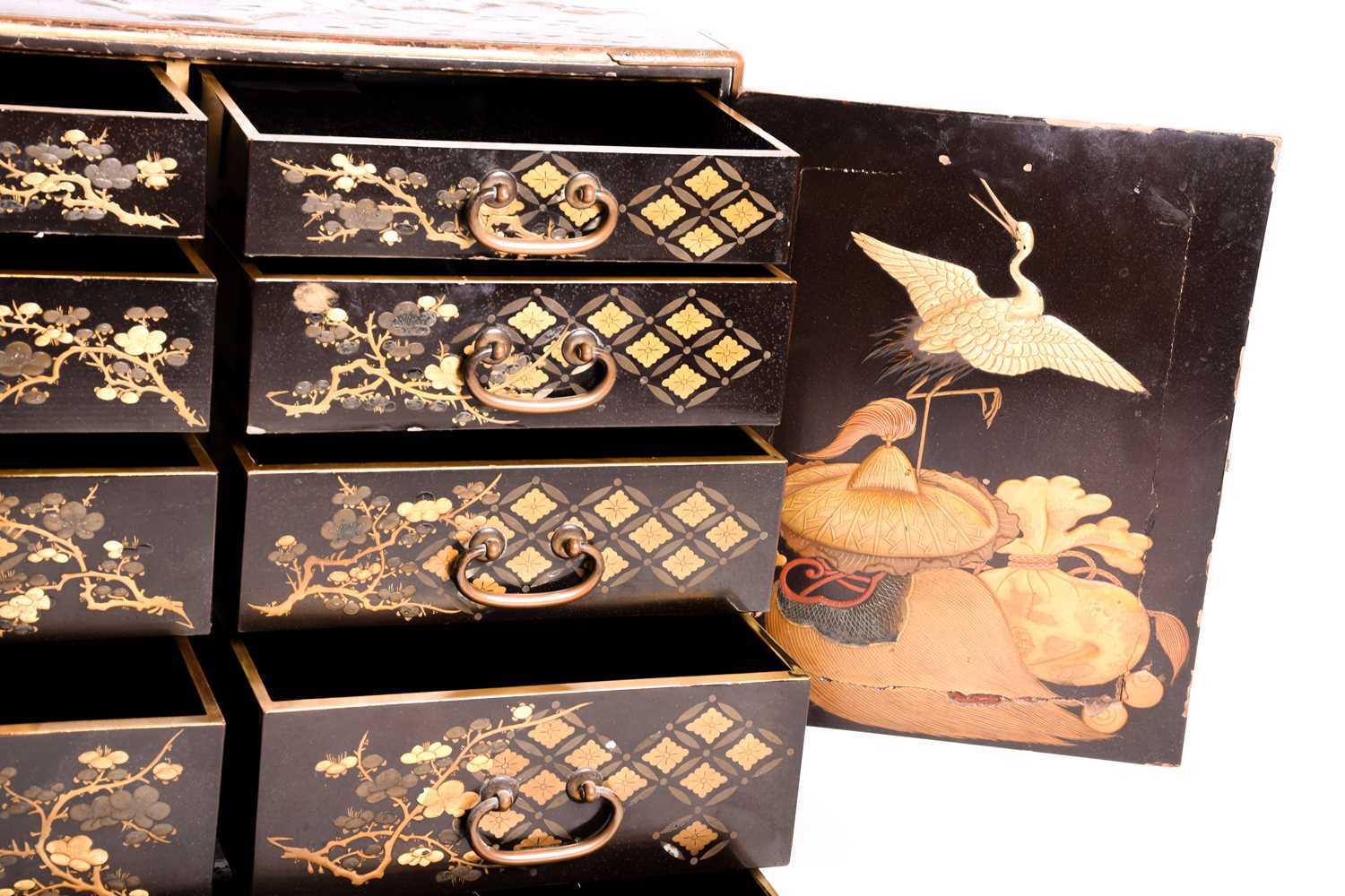 A Japanese lacquer Kodansu, Meiji period, of rectangular form with engraved metal mounts, with - Image 6 of 7