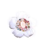 A carved mother of pearl, coral and multi-gem set tutti-frutti flower brooch, the carved pink