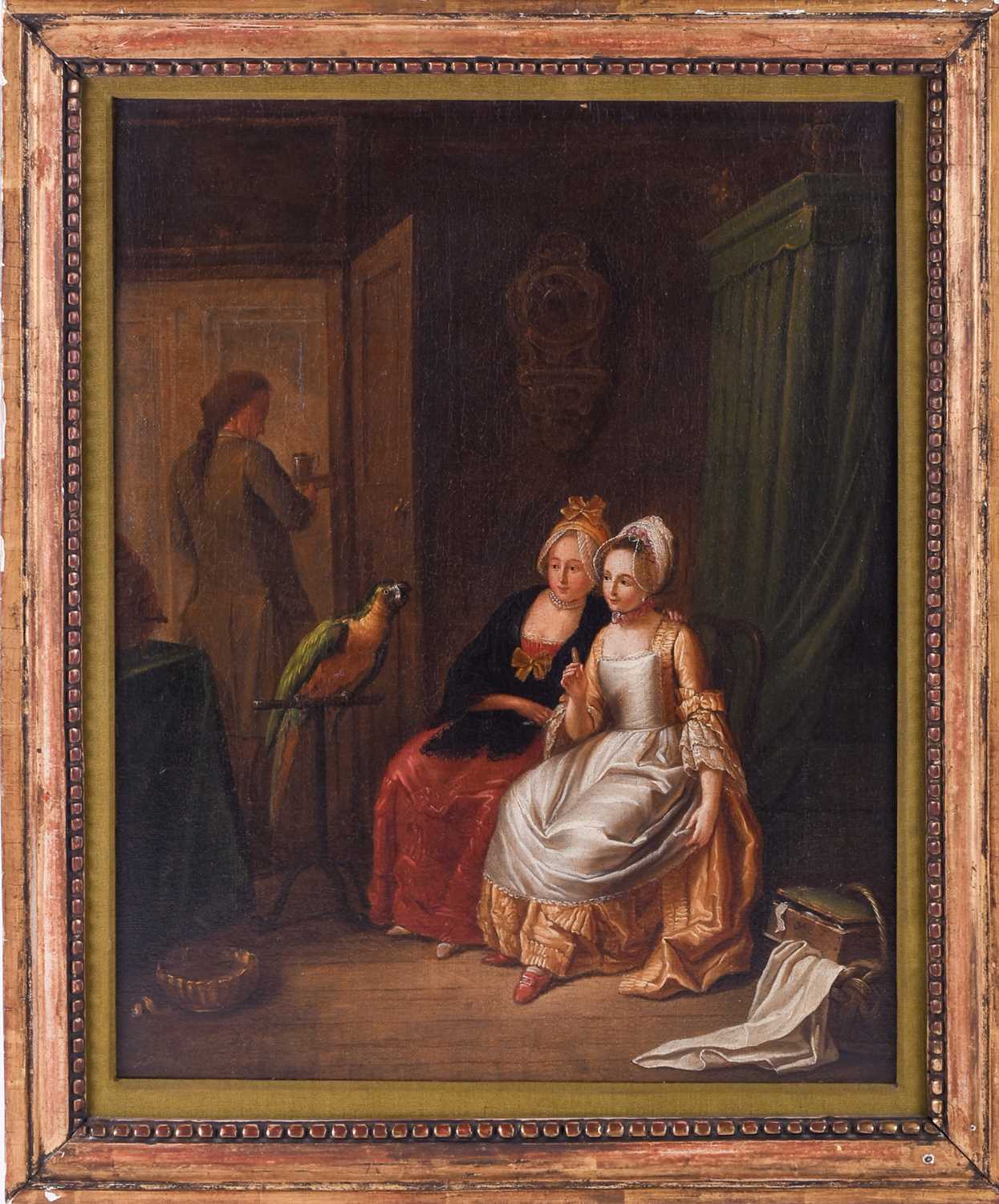 Circle of Nicolas Bernard Lépicié (1735-1784), two seated ladies, admiring a parrot on its perch,