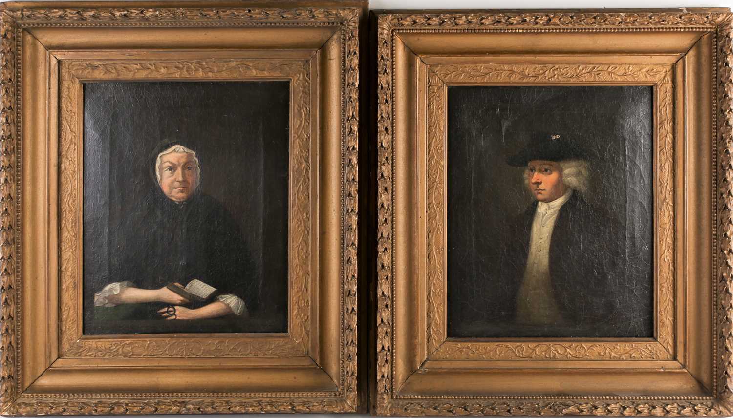 19th century English school, unsigned oils on canvas, a pair of portraits depicting a man and