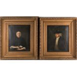 19th century English school, unsigned oils on canvas, a pair of portraits depicting a man and