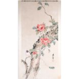 A Chinese watercolour of a bird on a blossoming branch, 20th century, mounted onto a wood panel, two