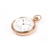 A Waltham 9ct yellow gold open face pocket watch, the white enamel dial with black Arabic numerals