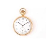 A Recta 18ct yellow gold open face pocket watch, the white enamel dial with black Arabic numerals