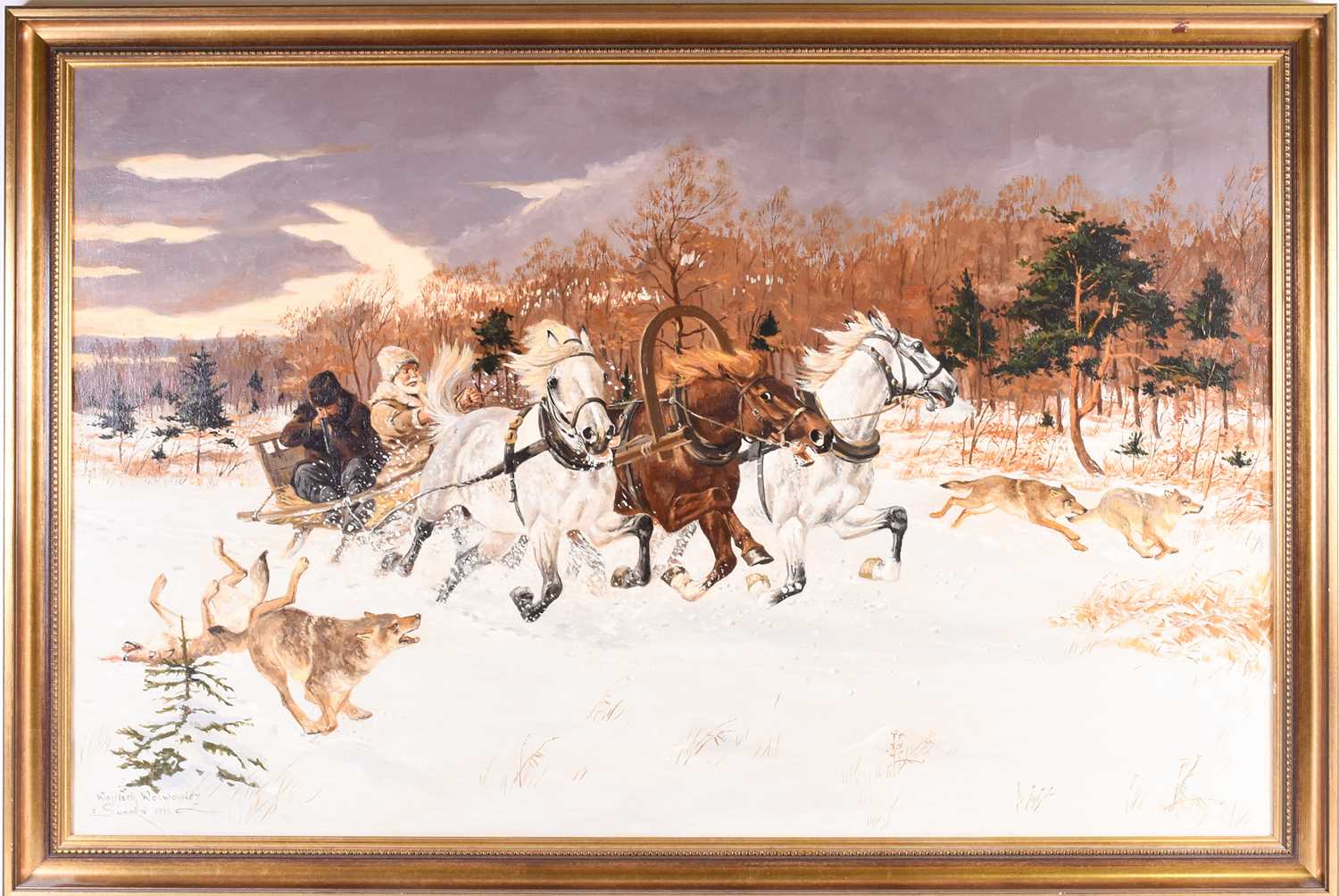 Wojciech Wolwowicz (b. 1950) Polish, hunters on a horse-drawn sledge, pursuing wolves, oil on