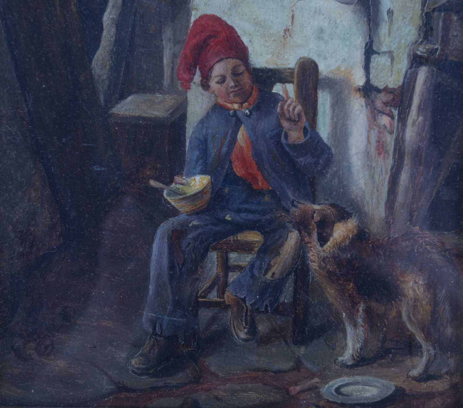 19th century Continental school, a boy and his dog in an interior scene, oil on panel, unsigned, - Image 3 of 4