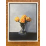An original Oil Painting by Suffolk artist Kate Felton Hall - 'Yellow roses in glass vase'. 40cm x