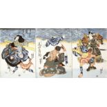 Japanischer Farbholzschnitt-Triptychon (19. Jh.)Schauspieler an einem Strand. Alters- und