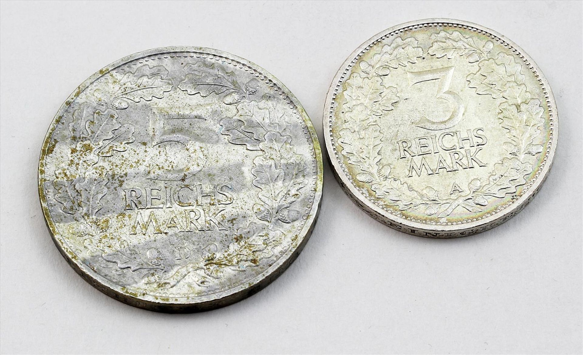 Weimarer Republik, 3 und 5 Mark Jahrtausendfeier der Rheinlande, 1925 D und A.ss-vz.