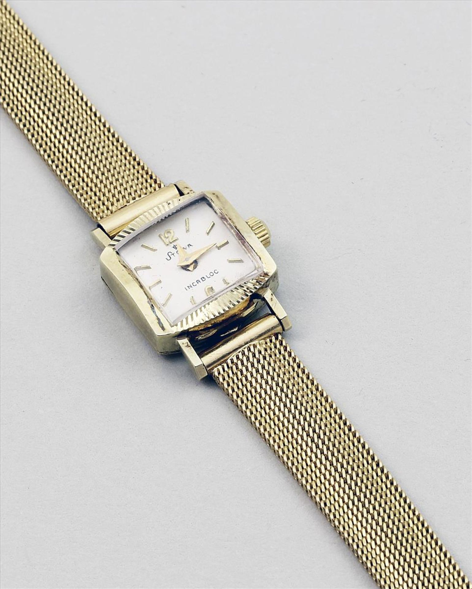 Damenschmuckbanduhr "STOWA".Quadratisches 585/000 GG-Gehäuse und 750/000 GG-Schmuckband, brutto 20,4