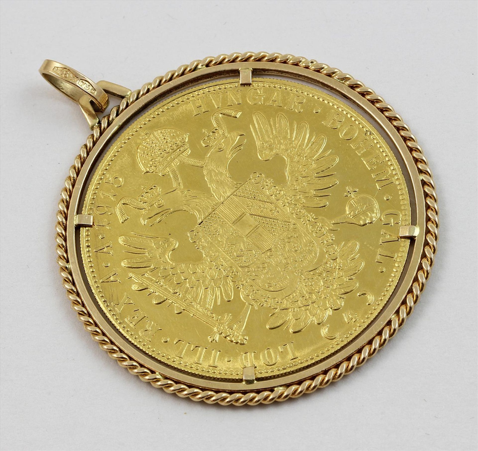 Goldmünze Österreich, Franz Joseph I., vier Dukaten 1915,in Münzanhänger. 986/000 Münze und 750/ - Bild 2 aus 2