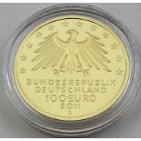 BRD, 100 Euro 2011 "UNESCO Welterbe Wartburg".999,9/1000 GG, 15,55 g. stgl. in Münzkapsel und