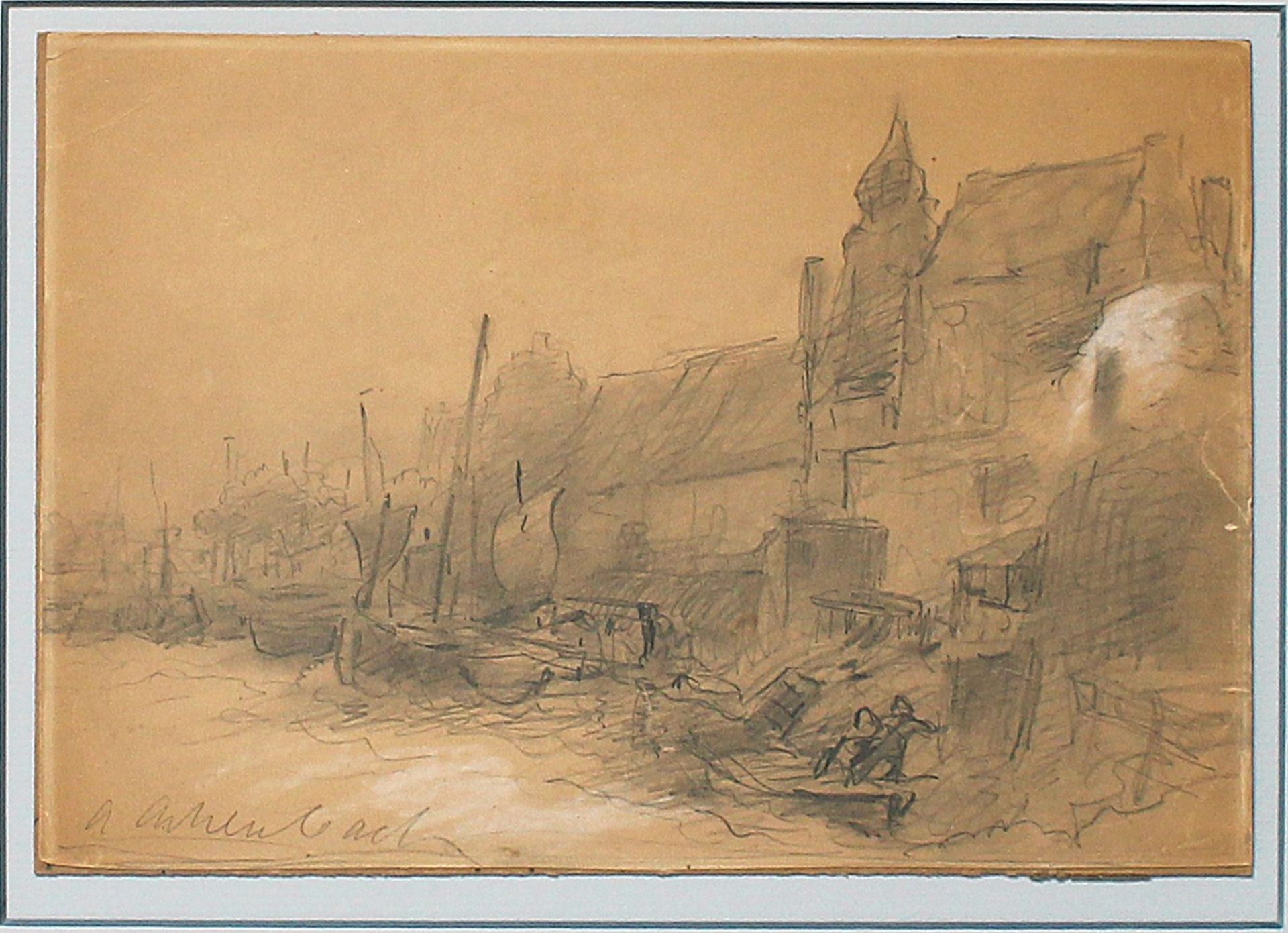 Achenbach, Andreas (1815 Kassel-Düsseldorf 1910)Holländisches Küstenstädtchen mit Booten.