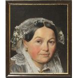 Biedermeier-Künstler (um 1840)Dame mit weißer Spitzenhaube. Öl/Lwd. (Ausschnitt) auf Holztafel.