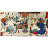 Japanischer Farbholzschnitt (19. Jh.)Schlachtenszene mit Samurais im Winter. Triptychon (Alters- und