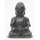 Sitzender Buddha Shakyamuni.Dunkelbraun patinierte Bronze. Im Lotossitz ruhender Buddha, die Hände