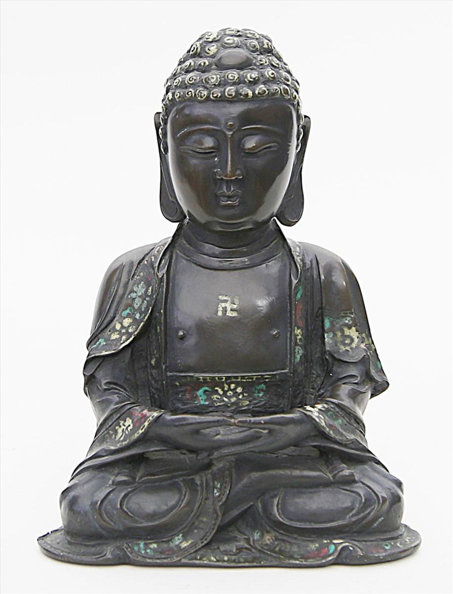 Sitzender Buddha Shakyamuni.Dunkelbraun patinierte Bronze. Im Lotossitz ruhender Buddha, die Hände