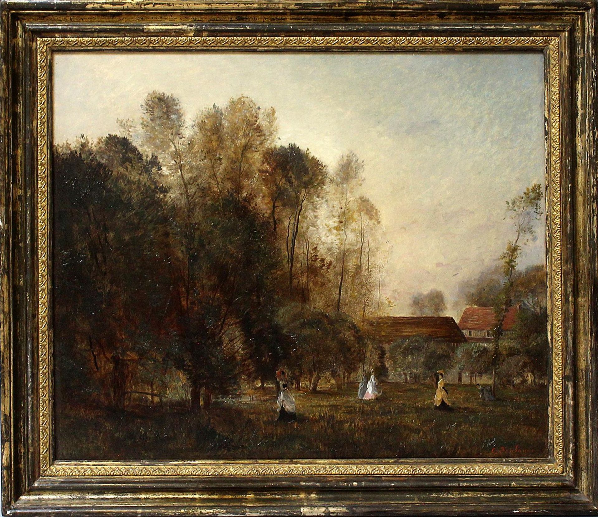 Boulogne, Charles (?-1878)Der Spaziergang - Landschaft mit vier Damen im Garten. Öl/Mahagonitafel,