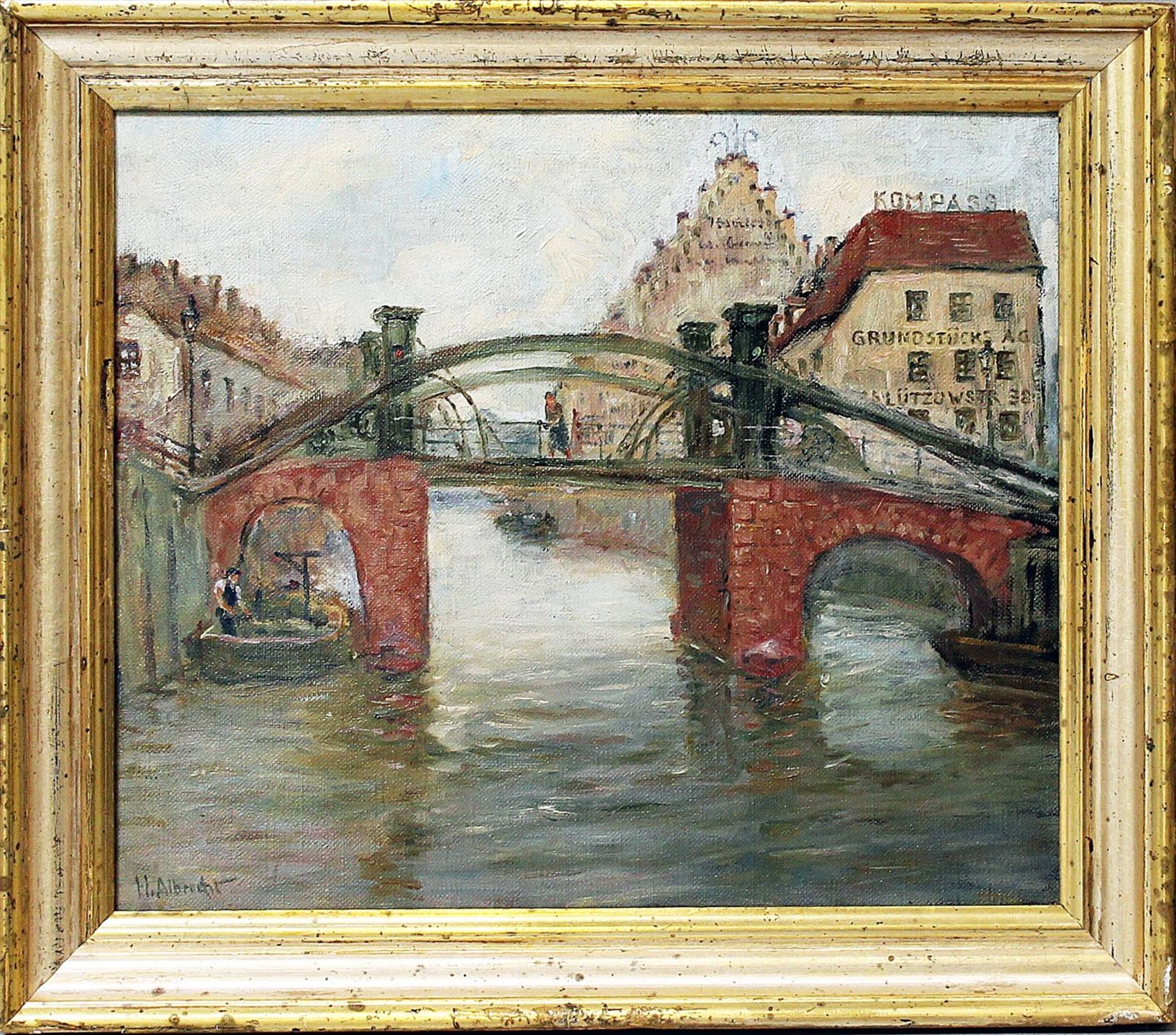 Albrecht, Hermann (geb. 1871 Berlin)"Alt - Berlin - Jungfernbrücke (1929)", so verso betitelt. Öl/