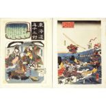 Kuniyoshi (1798-1861)Zwei Farbholzschnitte mit Samurai-Darstellungen. Alters- und Gebrauchsspuren.