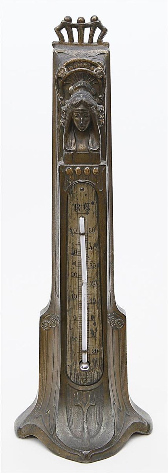 Jugendstil-Thermometer.Bronziertes Zinkgussgehäuse mit floralem Reliefdekor und plastischem