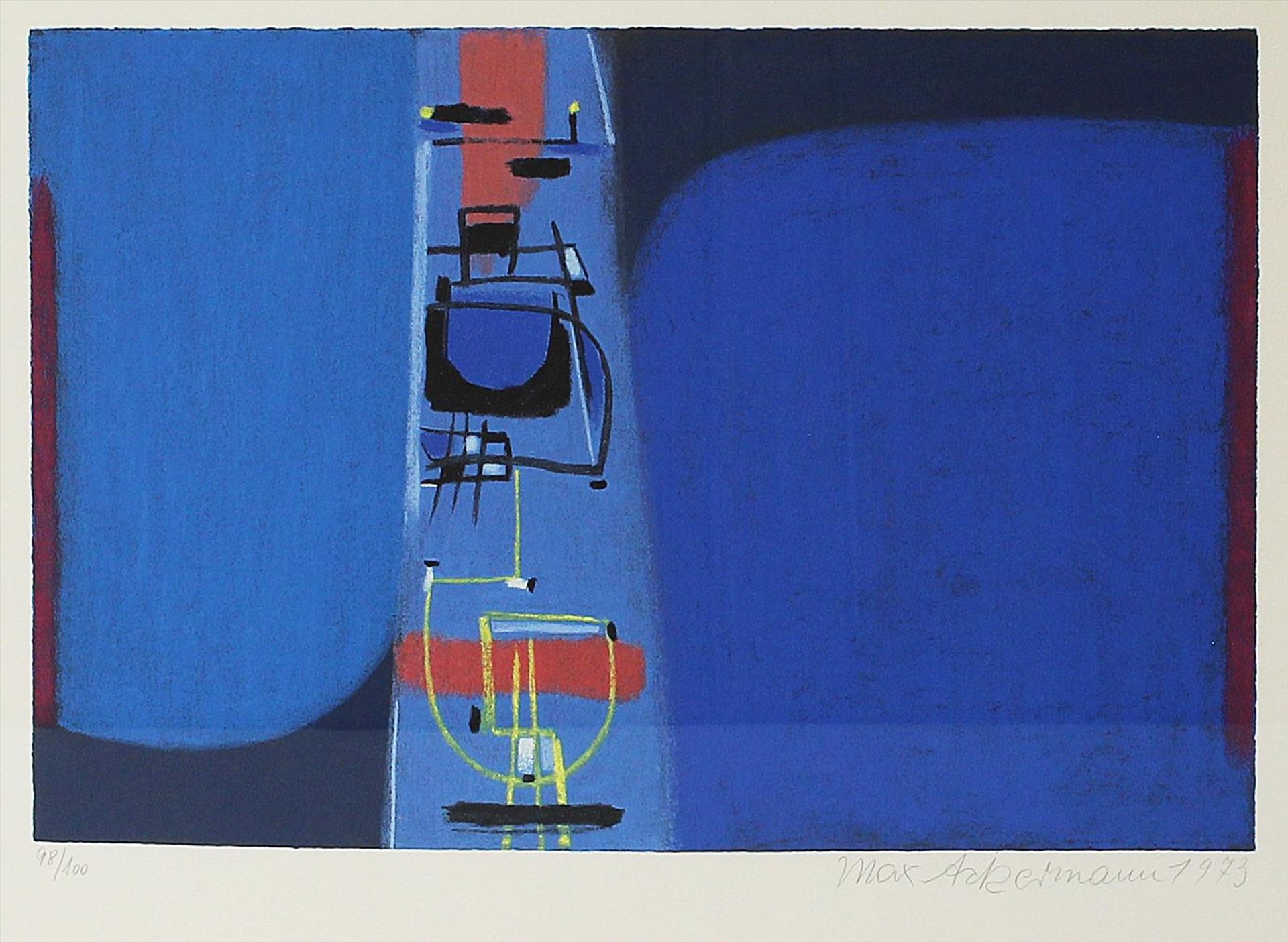 Ackermann, Max (1887-1975)"Kraftfeld Blau". Farbserigraphie (Altersspuren, Randmängel), re. u. mit