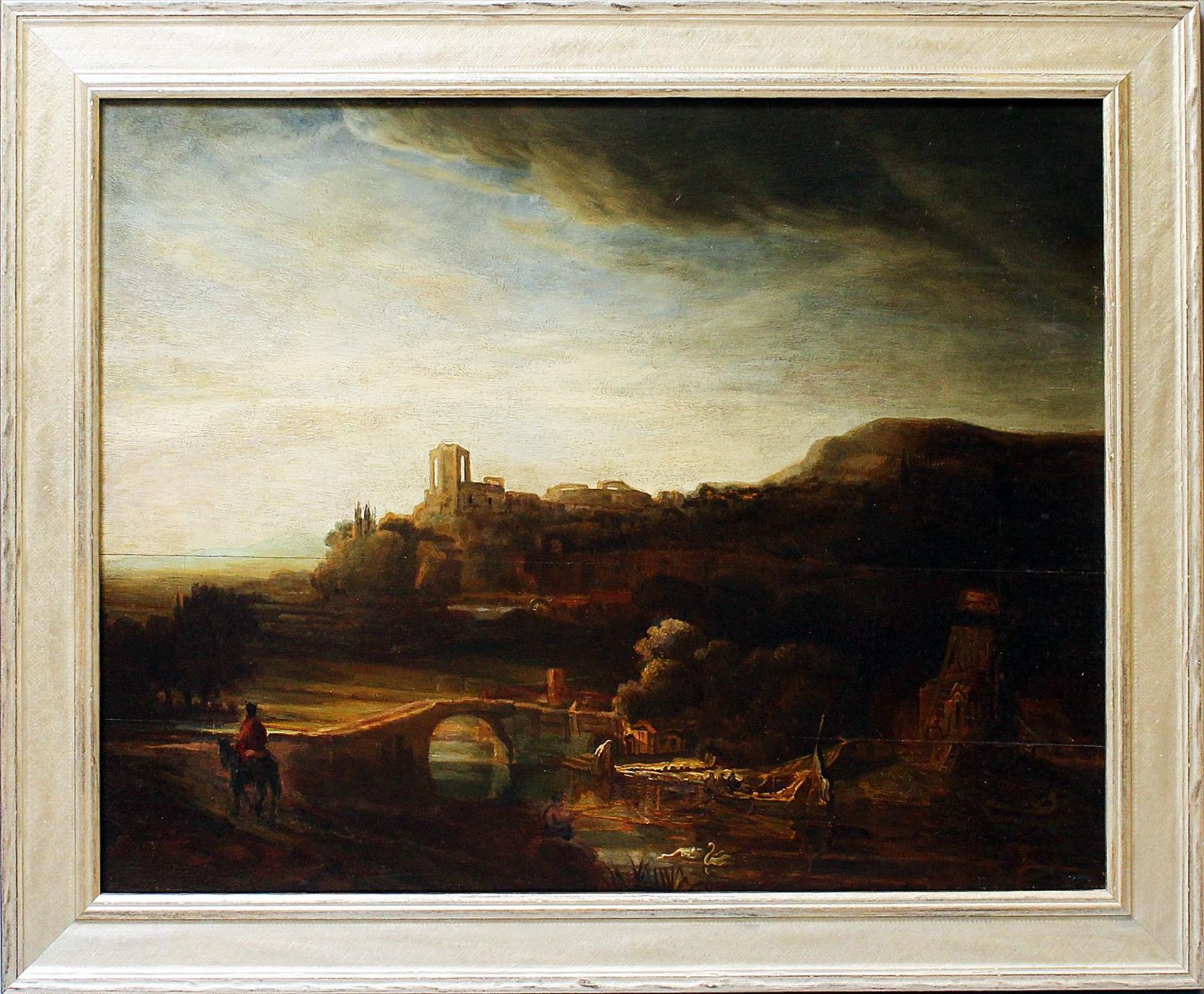 Ihlée, Johann Eduard (1812 Kassel 1885)Flusslandschaft mit Windmühle, nach Rembrandt. Öl/Holz (