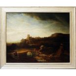 Ihlée, Johann Eduard (1812 Kassel 1885)Flusslandschaft mit Windmühle, nach Rembrandt. Öl/Holz (