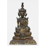 Sitzender Buddha.Bronze mit teils beriebener Vergoldung. Lotoskrone verbogen. So genannter "