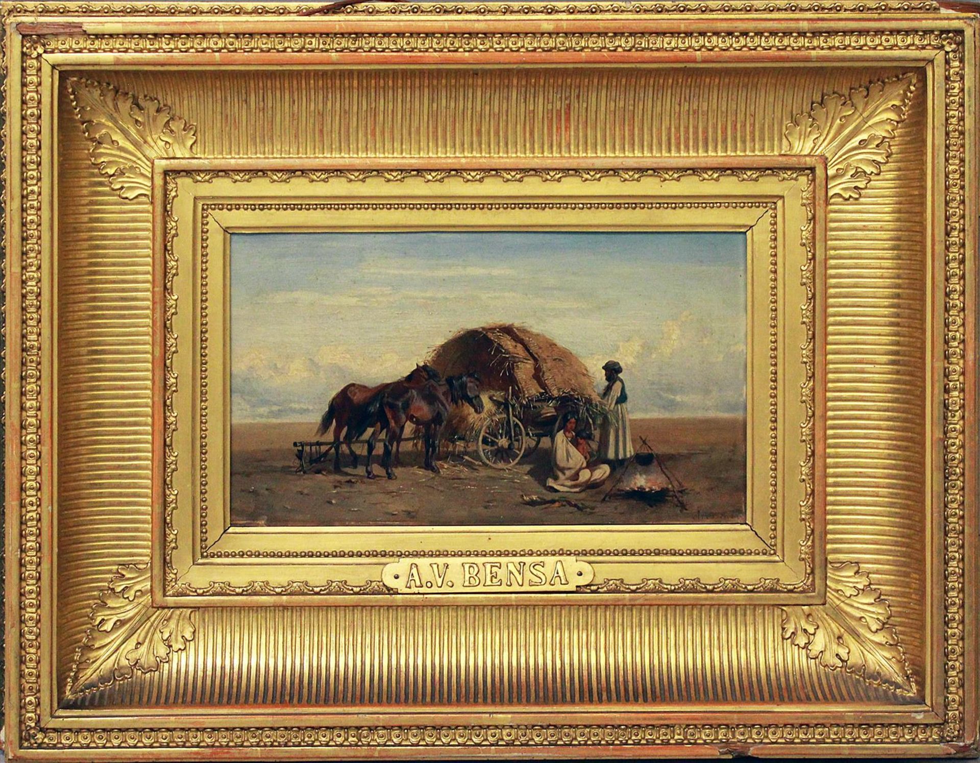Bensa, Alexander Ritter von (1820 Wien 1902)Weite Puszta-Landschaft mit Familie am Lagerfeuer und