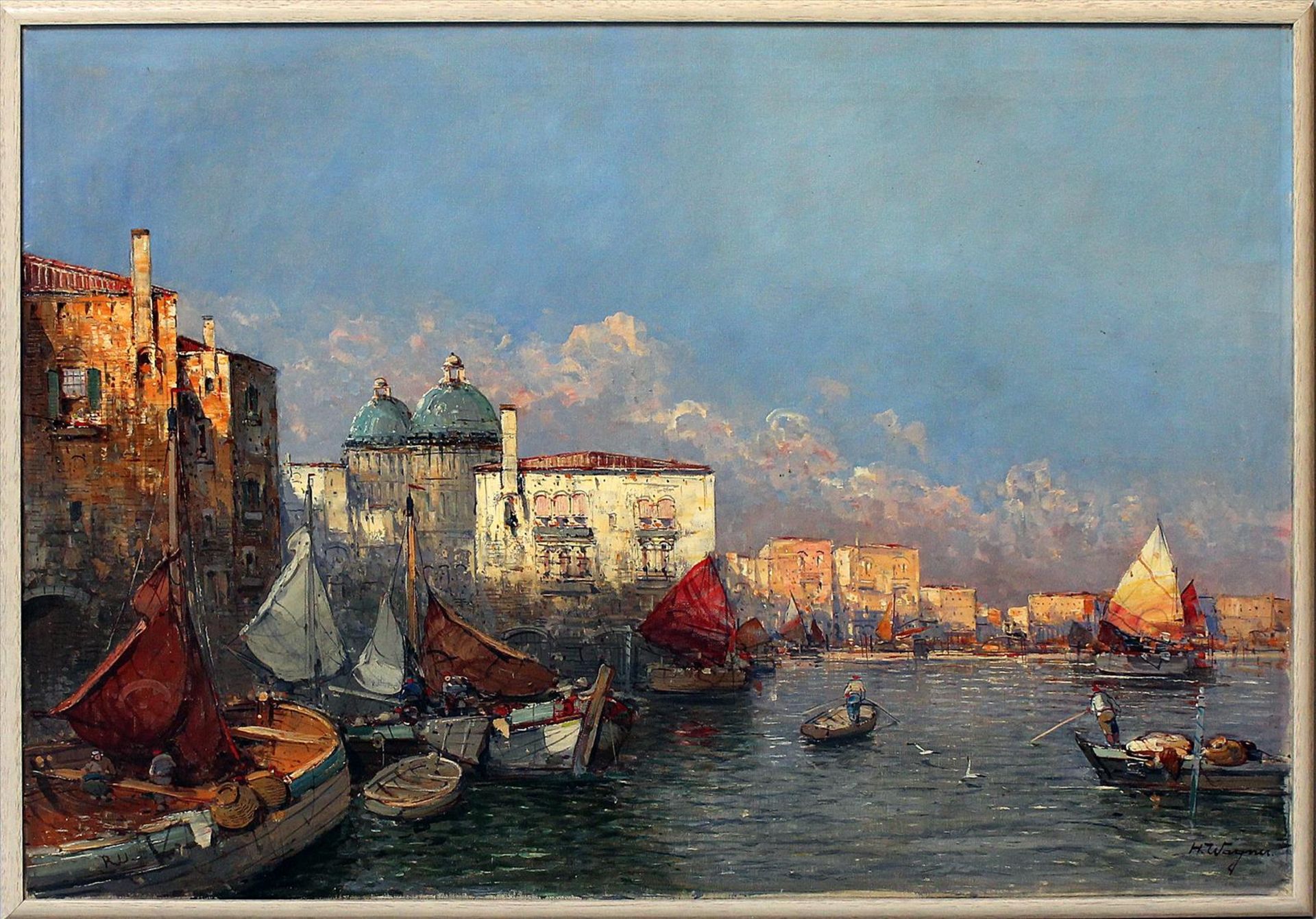 Fischhof, Georg (1859 Wien 1914)Lagune mit Booten vor Venedig. Öl/Lwd., re. u. mit Pseudonym H.
