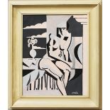 Feco, J. (20. Jh.)Kubistischer Frauenakt vor Wolkenkulisse. Öl/Lwd./Karton, re. u. sign. 58x 45