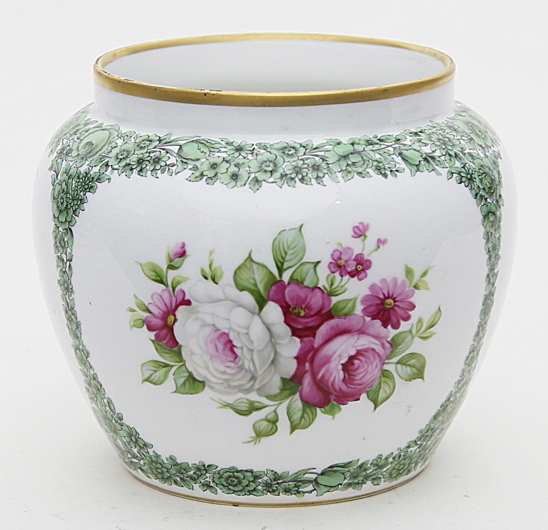 Cachepot, Rosenthal.Kugelig gebaucht mit eingezogenem Hals. Bunte Blumenmalerei. Goldrand.