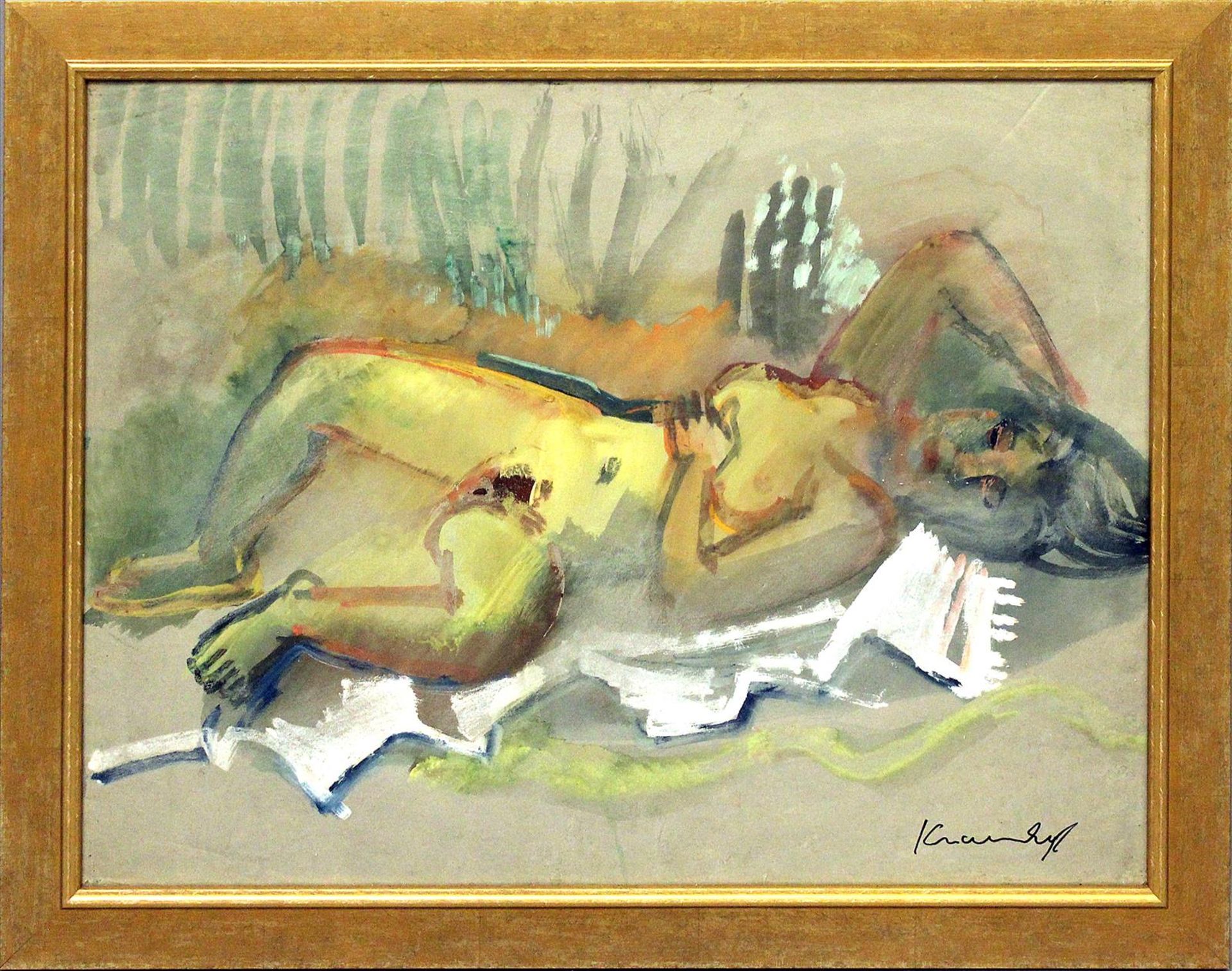 Krauskopf, Bruno (1892 Marienburg-Berlin 1960)Liegender Frauenakt. Gouache/Papier (l. fleckig bzw.
