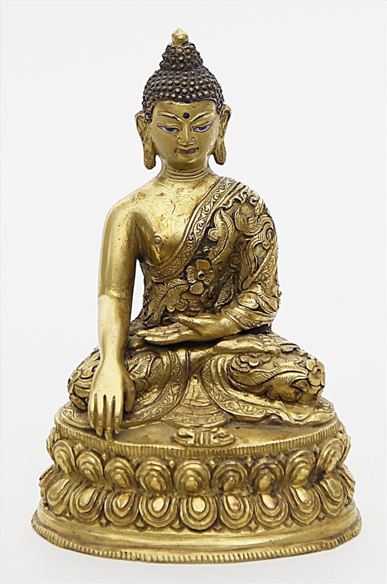 Buddha Amitayus.Vergoldete Bronze. Im Meditationssitz auf doppeltem Lotosthron sitzend, mit reich