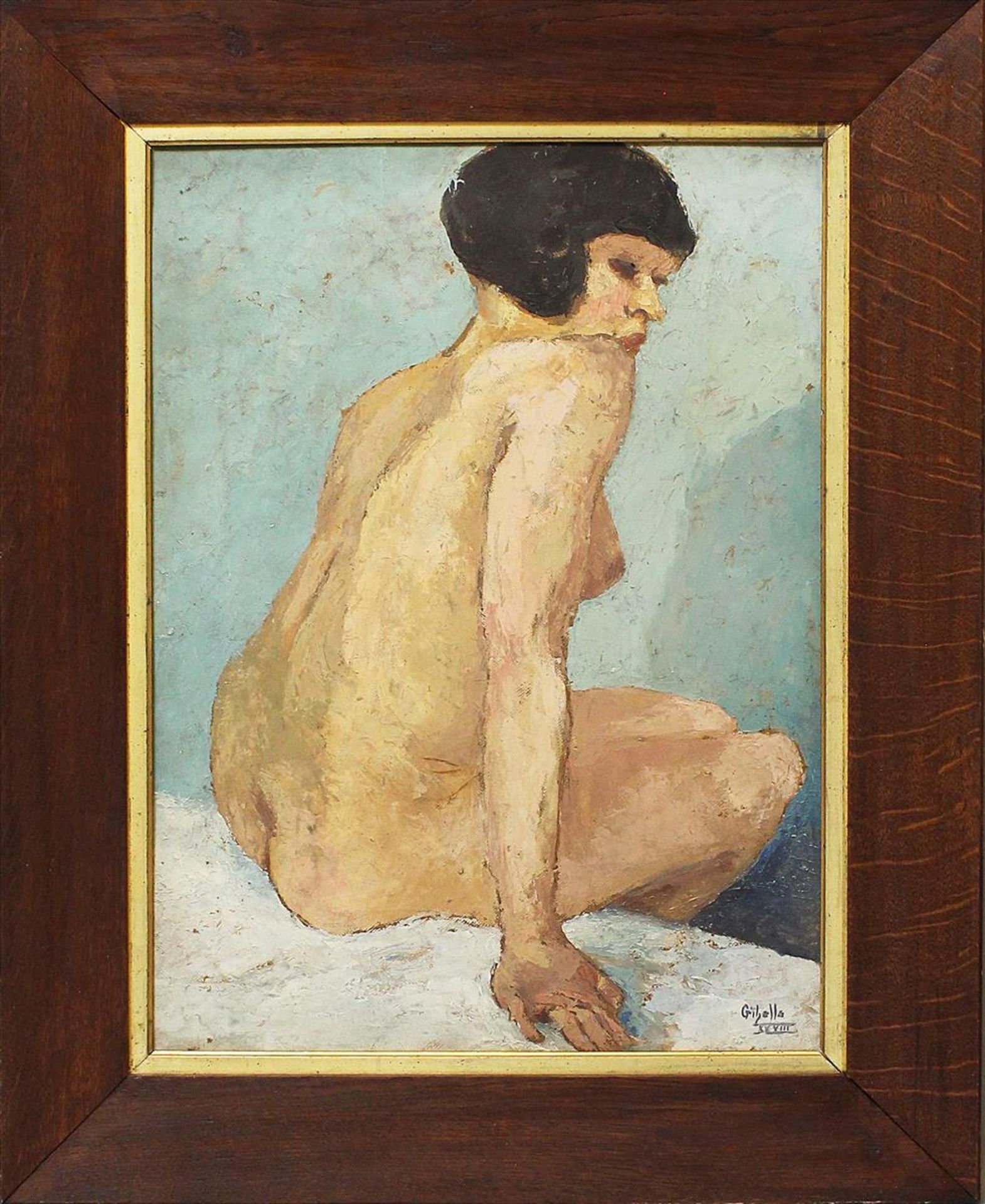 Unbekannter Maler (um 1933)Mädchenakt. Öl/Karton, re. u. bez. "Giselle" und dat. XXXIII. 67x 48
