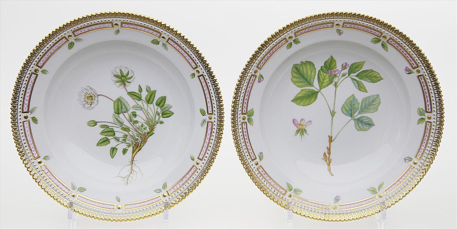 Paar Suppenteller "Flora Danica", Royal Copenhagen.Fahne mit reichem Reliefdekor, farbiger und